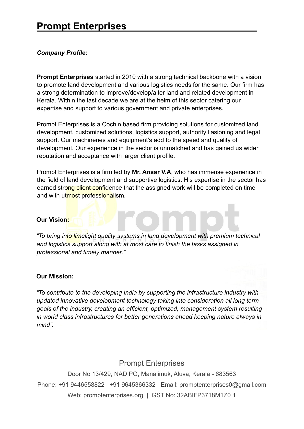 Prompt Enterprises Company Profile - Page 1